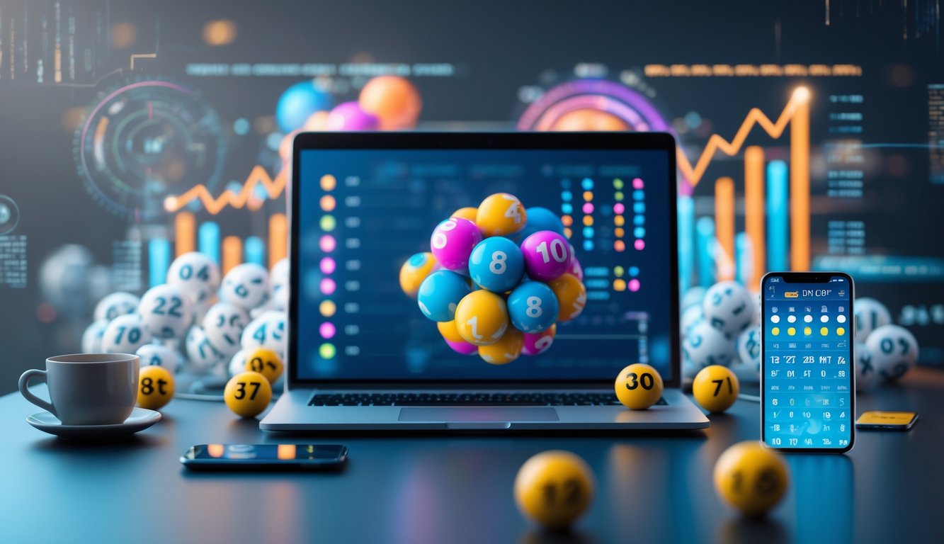 Seorang pria atau wanita sedang menggunakan laptop di meja kerja dengan bola togel bernomor dan grafik di layar, menggambarkan prediksi togel online 3D.