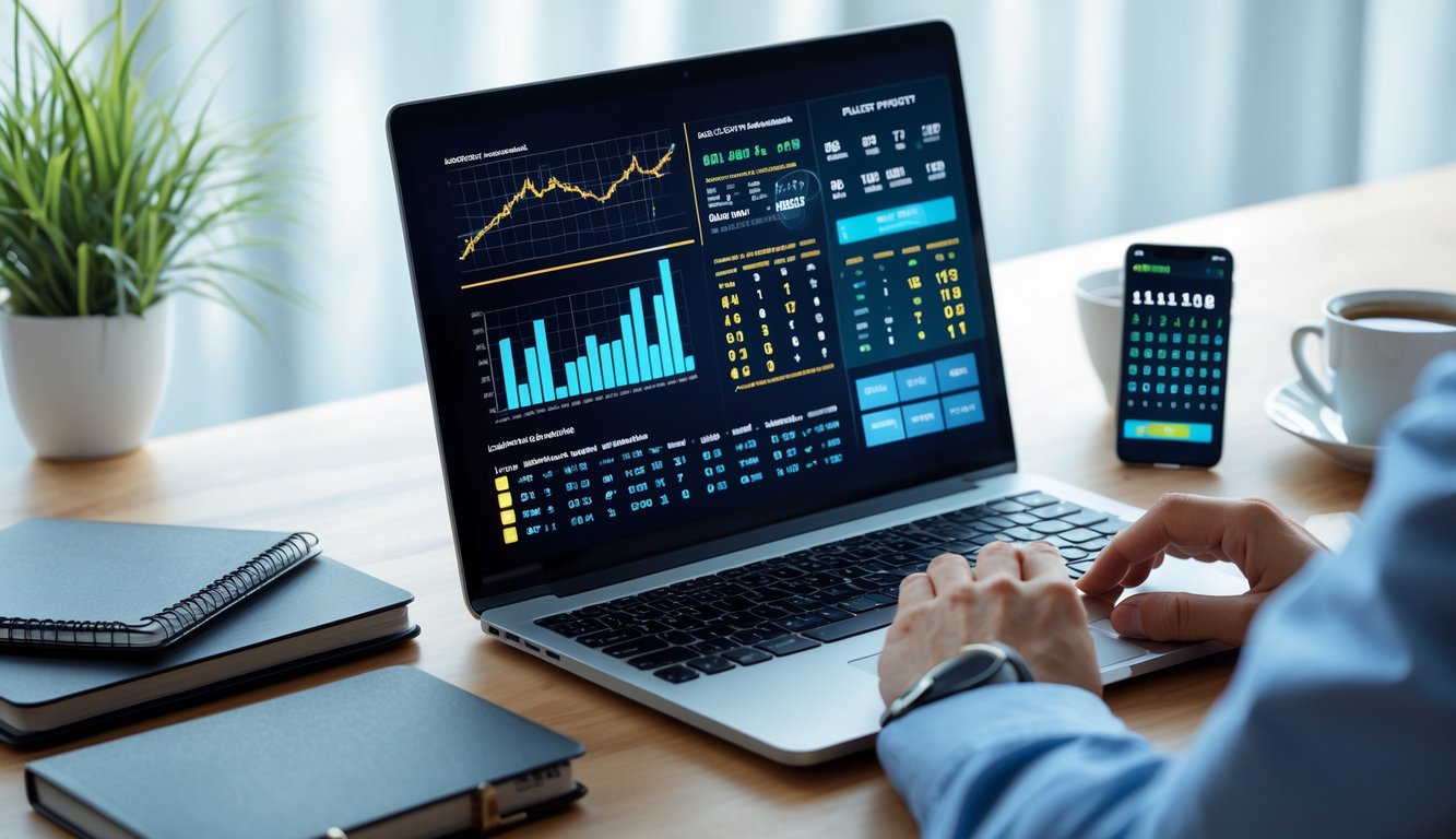 Meja kerja dengan laptop yang menampilkan data angka togel, tangan seseorang sedang menggunakan laptop, dan beberapa alat tulis serta ponsel di sekitarnya.