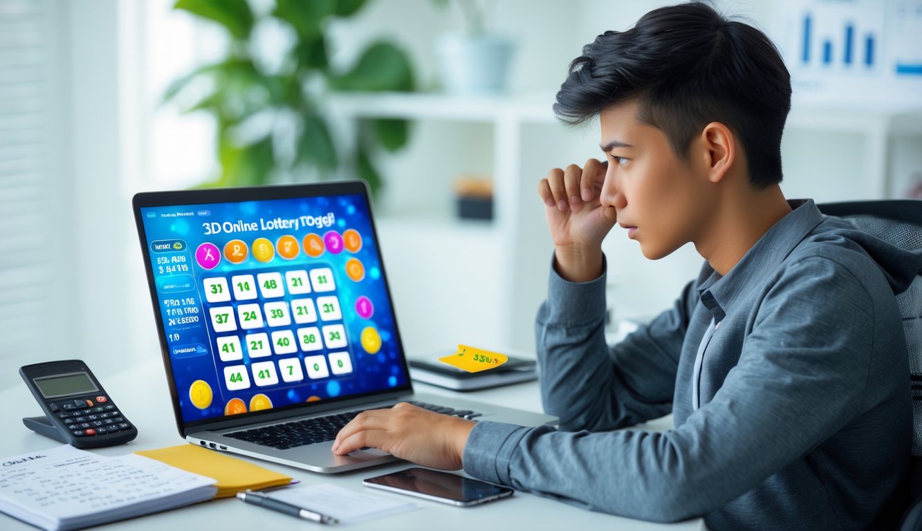 Seorang dewasa muda sedang duduk di meja dengan laptop dan alat tulis, fokus menggunakan komputer untuk memprediksi angka togel online 3D.