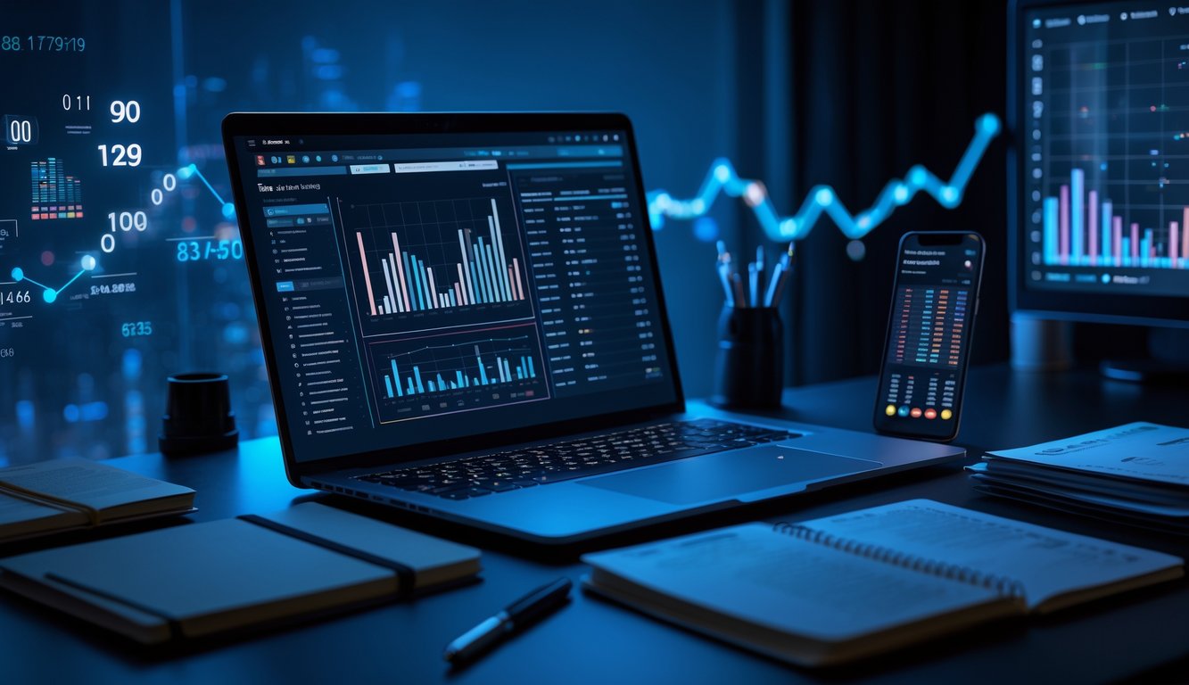 Suasana ruang kerja modern dengan laptop yang menampilkan data angka dan grafik, dikelilingi buku catatan dan ponsel, menunjukkan analisa prediksi togel malam hari.