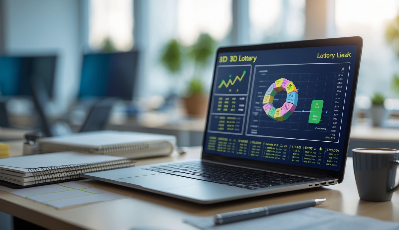 Meja kerja dengan laptop yang menampilkan data angka dan grafik, dikelilingi oleh buku catatan dan secangkir kopi di ruang kantor yang terang.