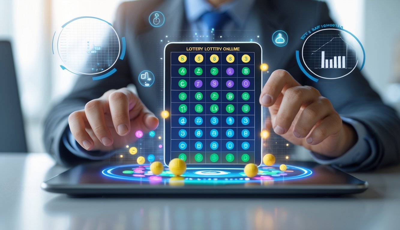 Tangan seseorang menggunakan laptop dengan tampilan angka togel 3D di layar dalam suasana ruangan modern.