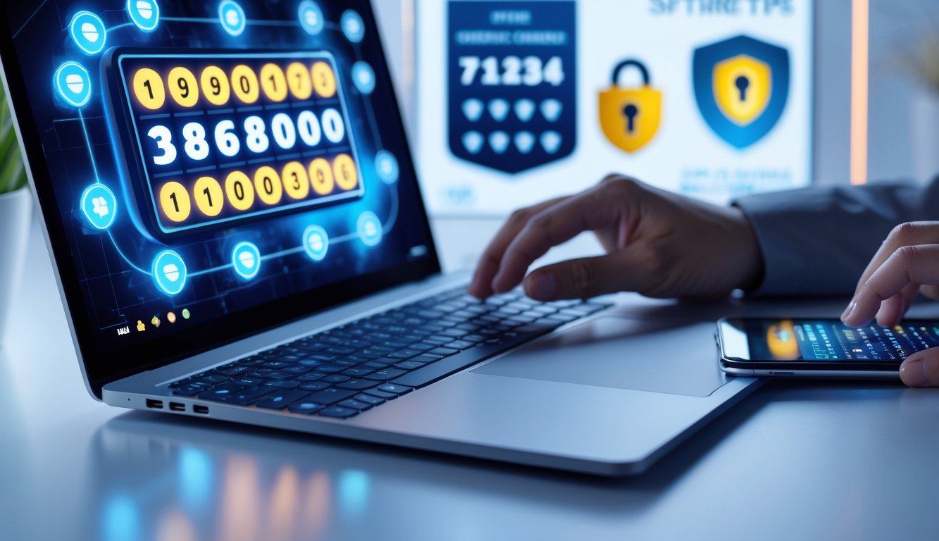 Seorang pengguna sedang bermain togel online 3D di laptop dengan layar menampilkan angka dan simbol keamanan, di meja terdapat ponsel yang menunjukkan tips bermain aman.