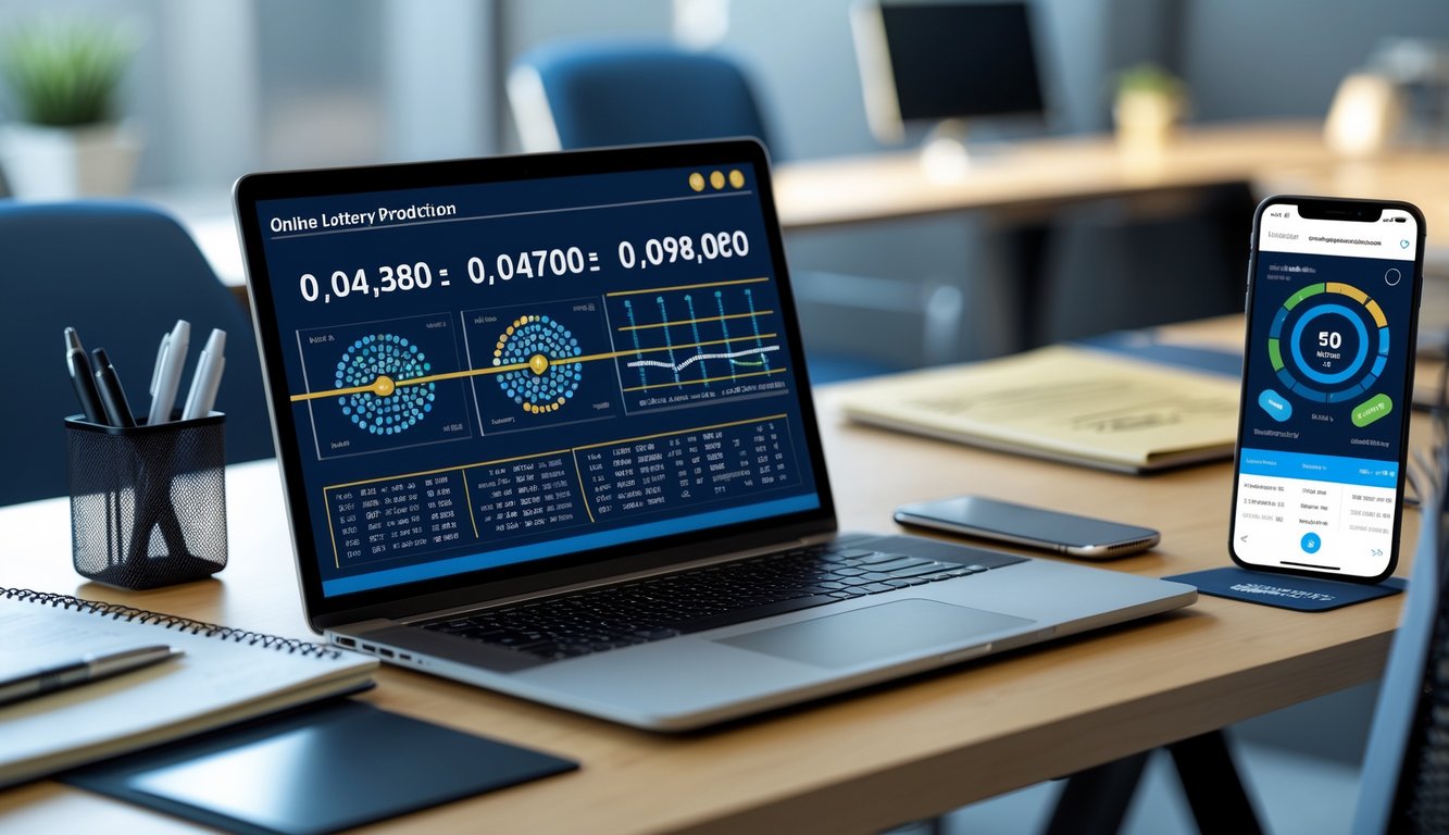 Meja kerja modern dengan laptop yang menampilkan data angka dan grafik, dikelilingi alat tulis dan ponsel dengan aplikasi lotere digital.