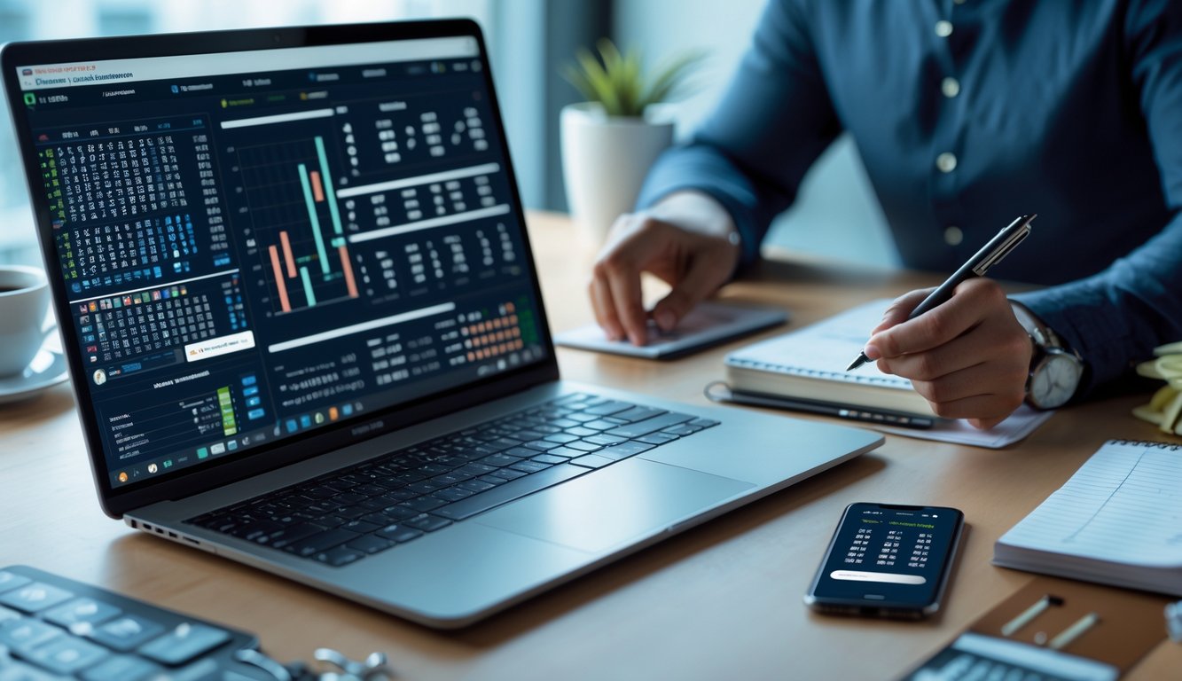 Seseorang sedang menganalisis data angka togel 3D di depan laptop dengan smartphone dan alat tulis di meja kerja.