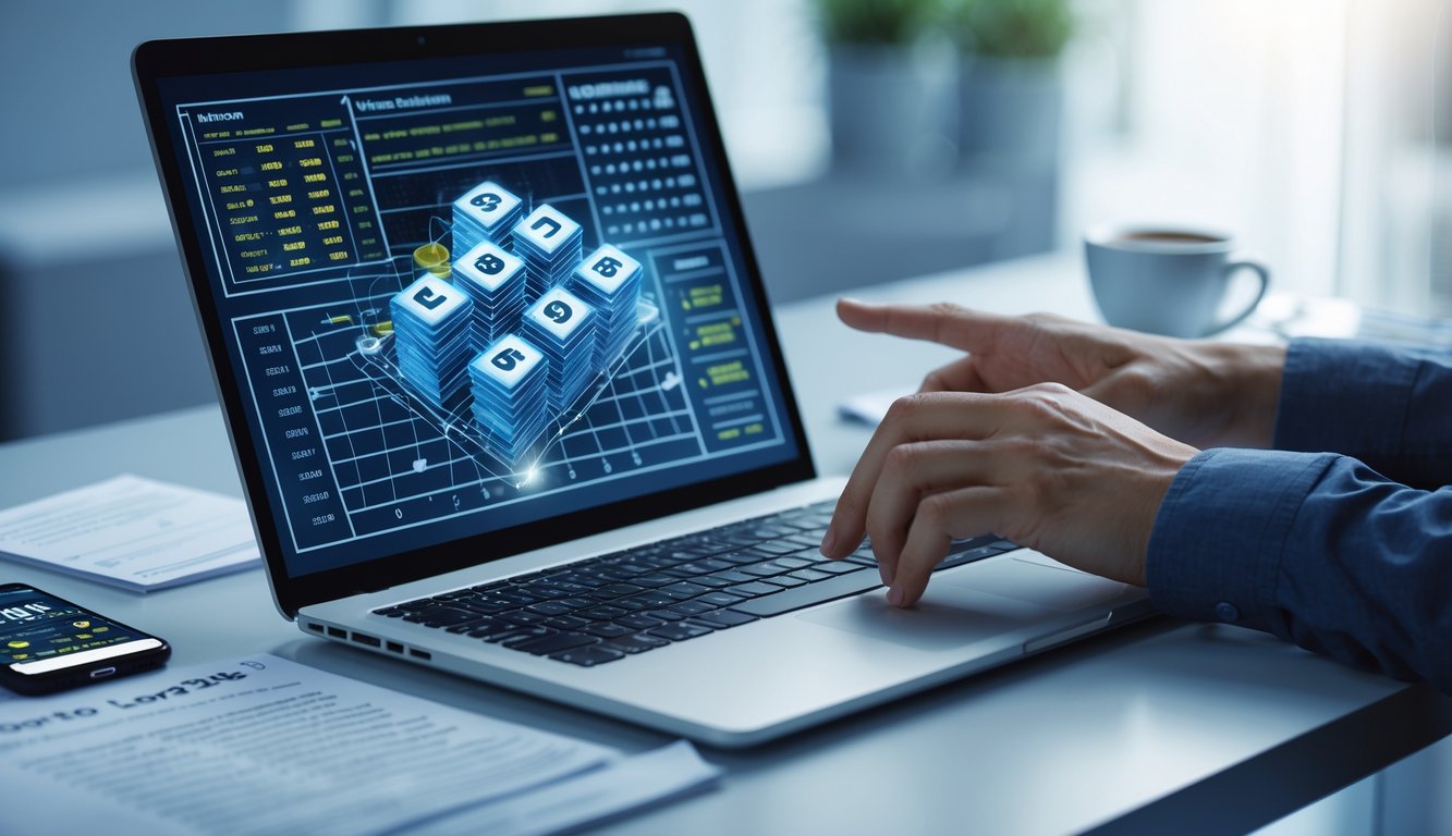Seseorang bekerja dengan laptop yang menampilkan data angka dan grafik terkait prediksi togel di atas meja kerja yang rapi.