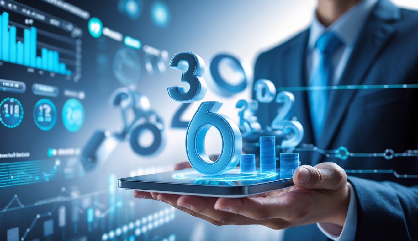Seseorang memegang perangkat layar sentuh dengan angka 3D mengambang di atasnya, dikelilingi elemen digital dan grafik data.