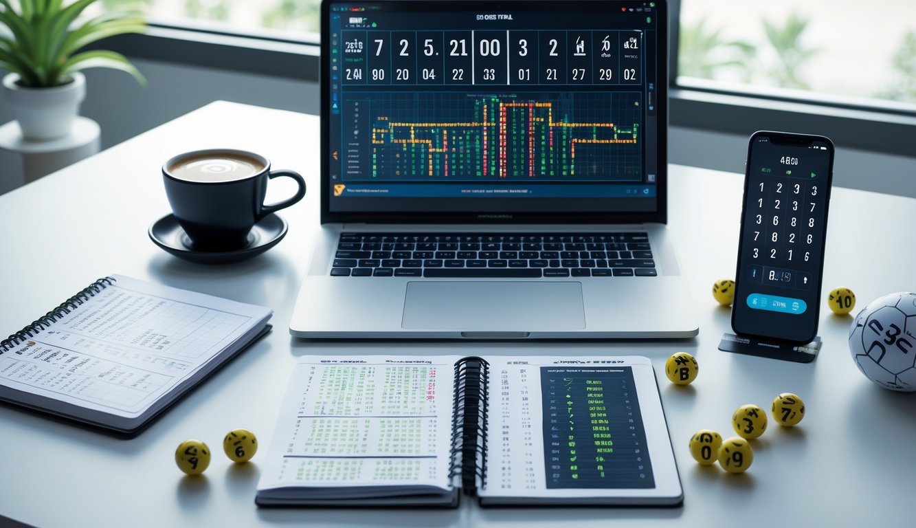 Meja kerja dengan laptop, catatan angka, bola lotre, dan ponsel yang menampilkan data prediksi angka lotre.
