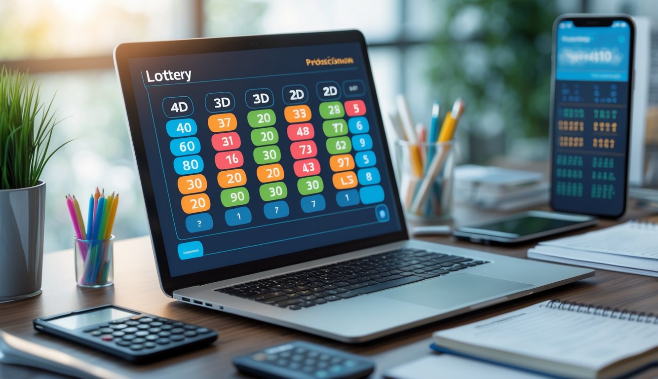 Meja kerja dengan laptop, kalkulator, dan smartphone yang menampilkan data angka untuk prediksi togel.