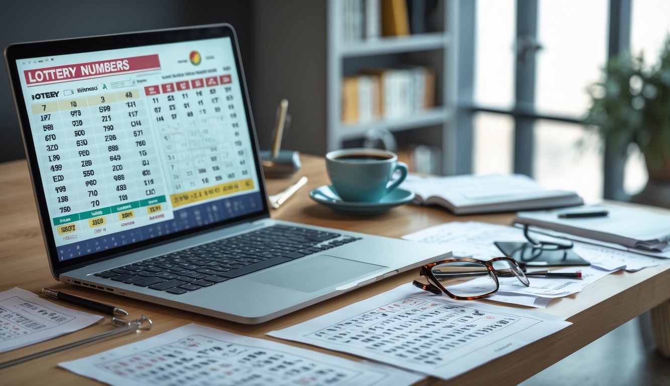 Meja kerja dengan laptop, ponsel, dan kertas berisi angka-angka togel, dengan cahaya alami dari jendela di latar belakang.