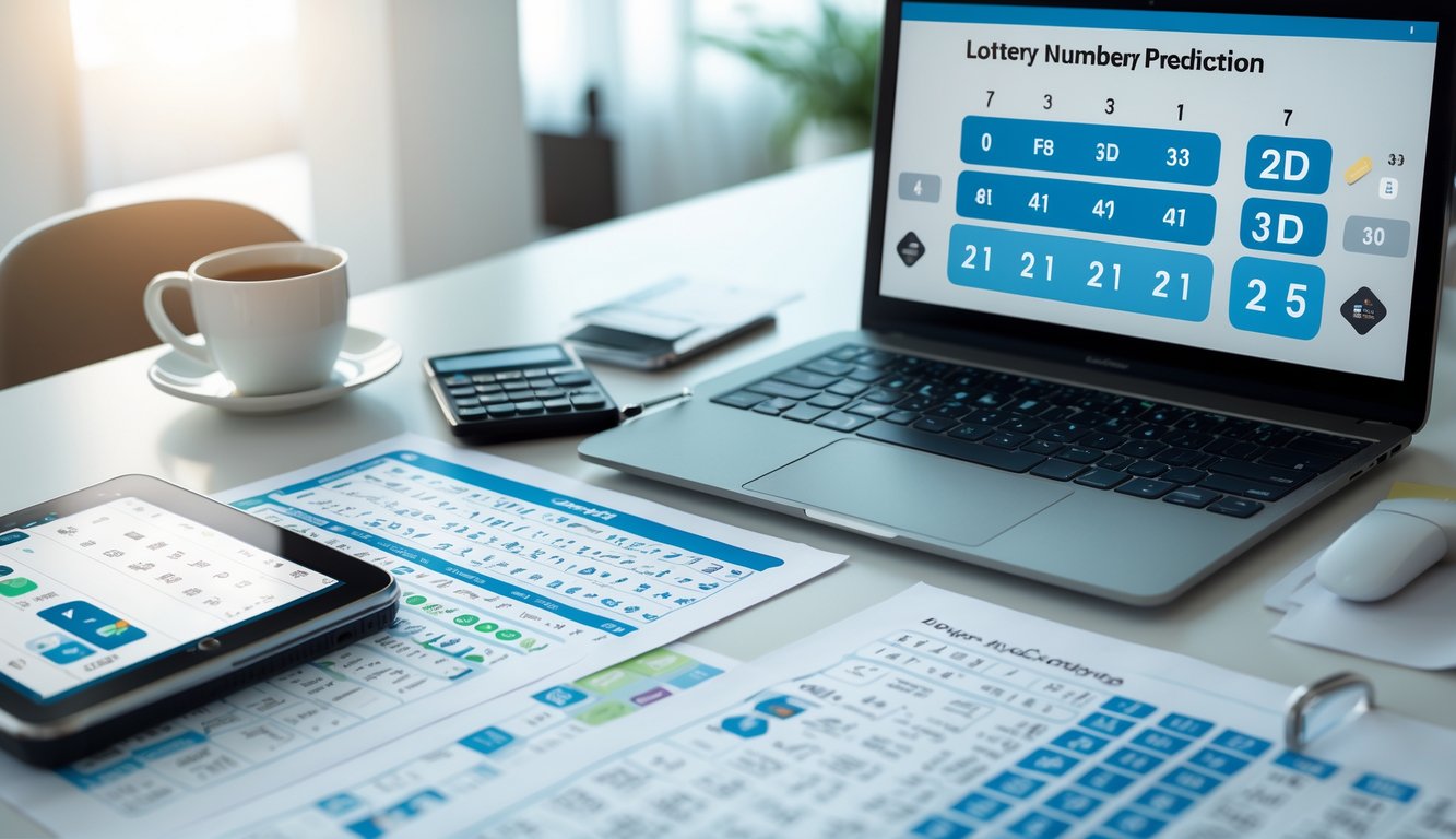 Meja kerja dengan laptop, smartphone, dan lembaran angka yang digunakan untuk memprediksi angka togel.