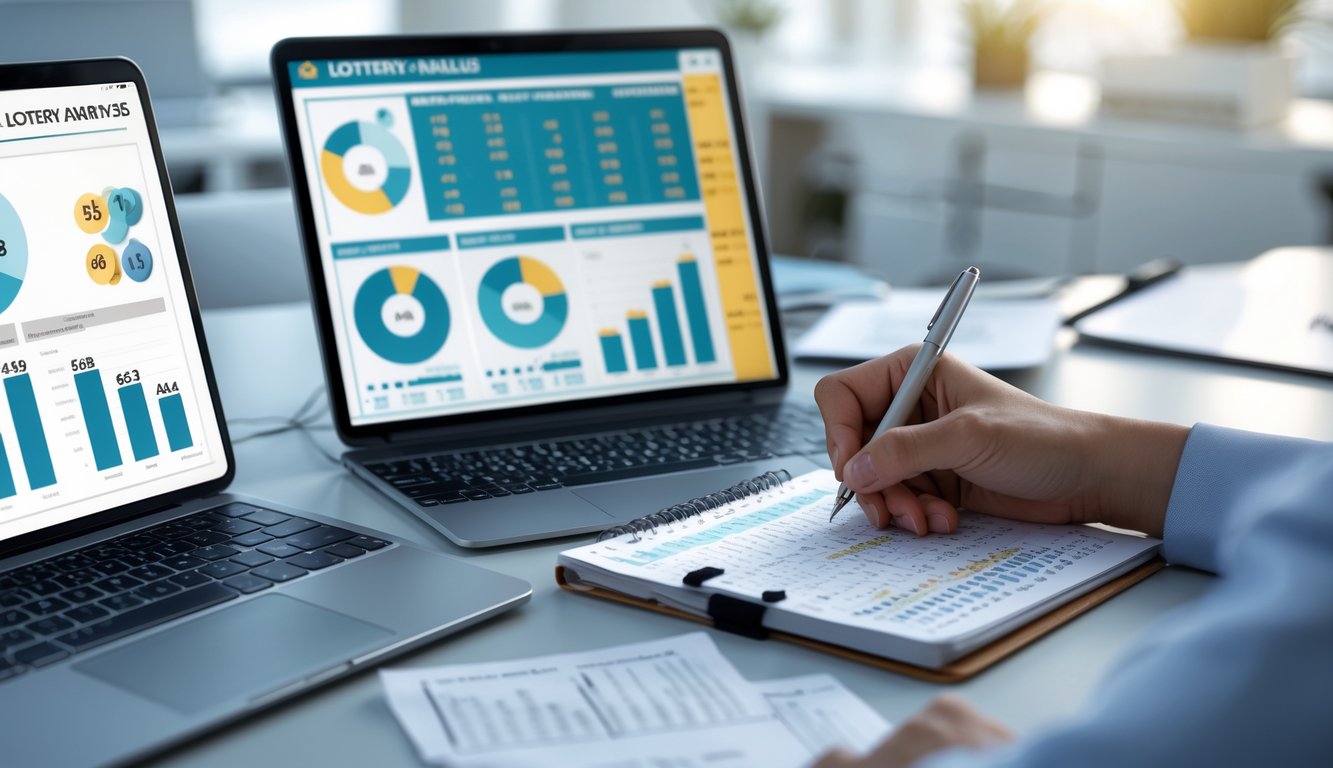 Meja kerja modern dengan perangkat digital dan tangan seseorang yang sedang mencatat data angka dan grafik untuk analisa togel.