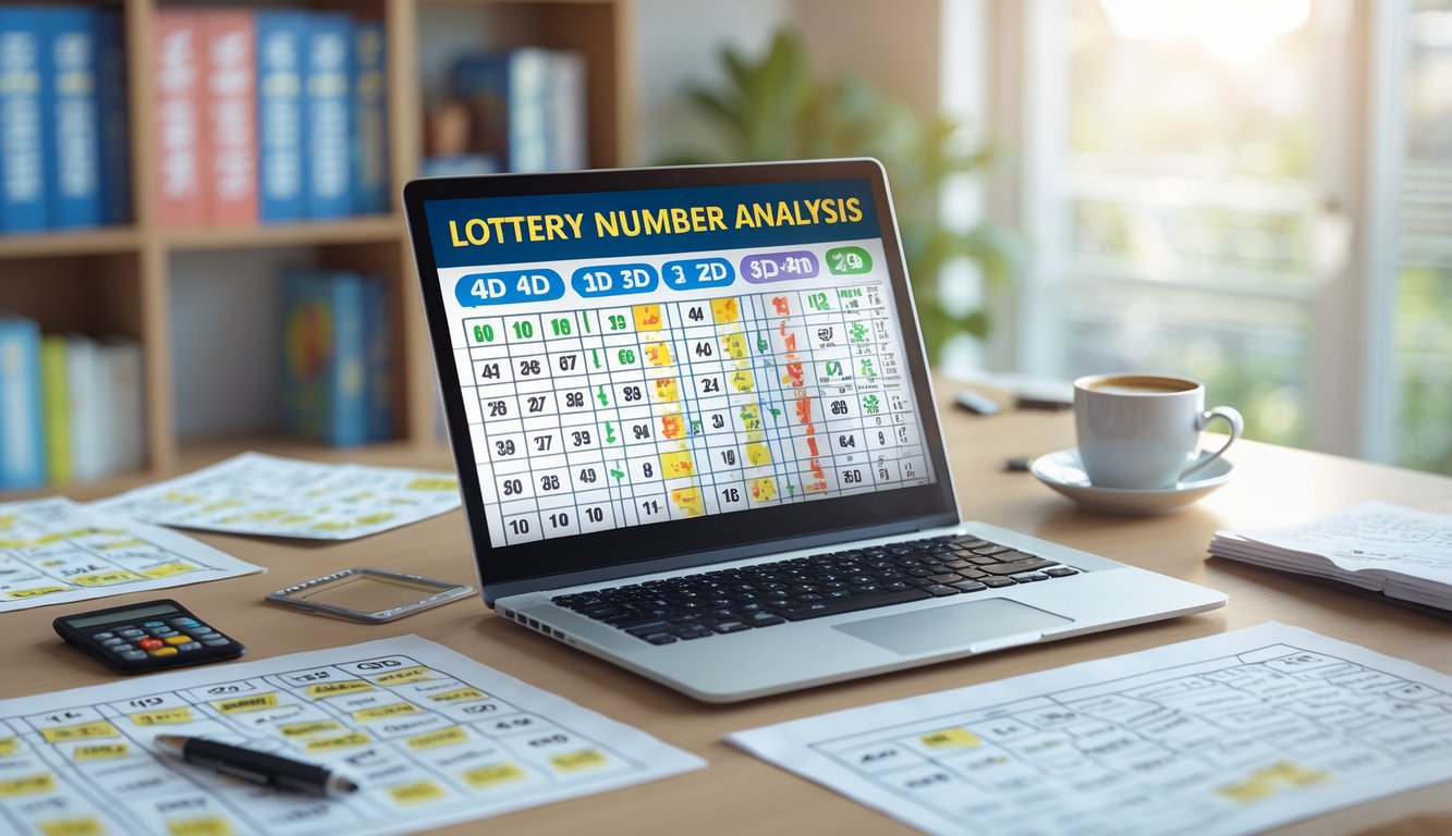 Meja kerja dengan laptop menampilkan data angka, kertas catatan, kalkulator, dan alat tulis di ruang yang terang.