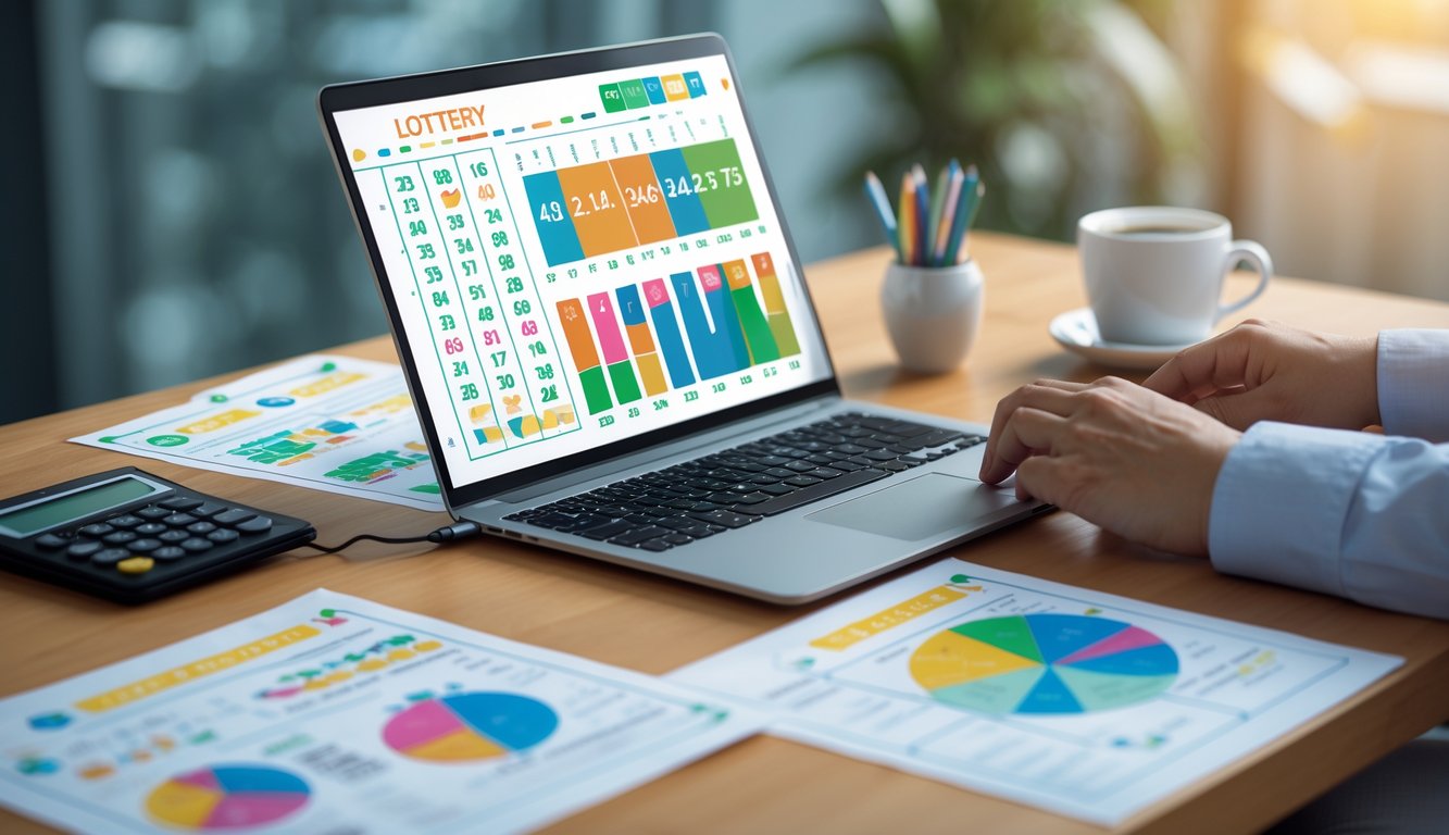 Meja kerja dengan laptop, lembar angka, kalkulator, dan cangkir kopi yang menggambarkan analisis prediksi angka togel.