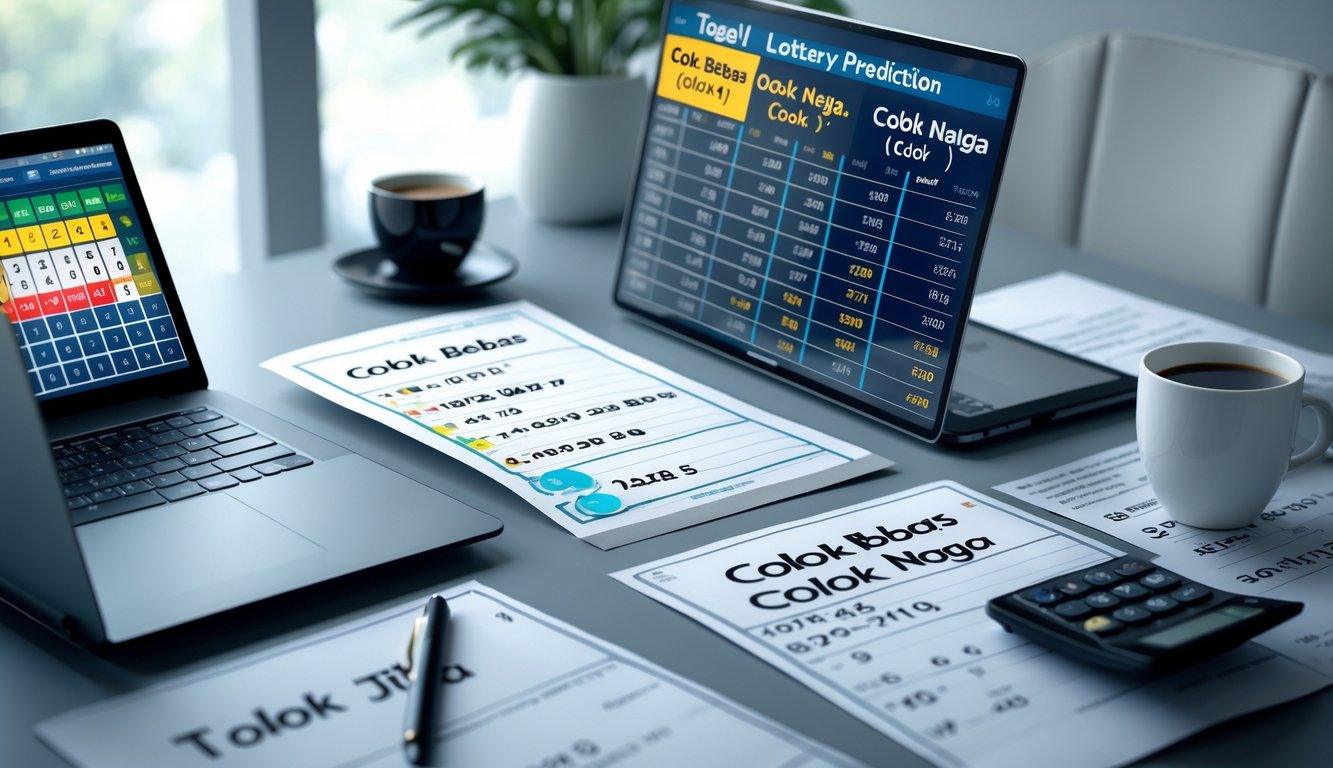 Meja kerja dengan perangkat digital dan kertas berisi data angka untuk prediksi togel, suasana kantor yang rapi dan profesional.