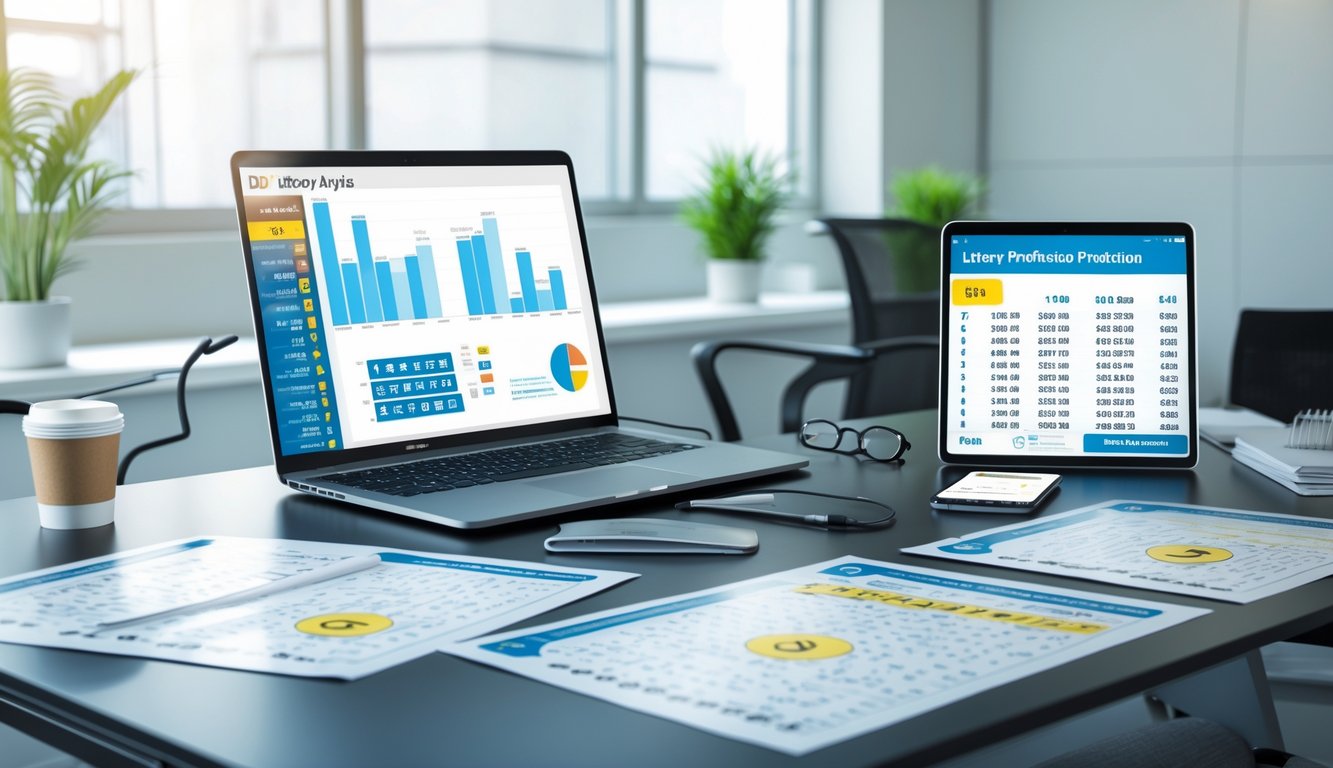 Meja kerja modern dengan perangkat digital dan dokumen yang menampilkan data dan grafik prediksi togel.