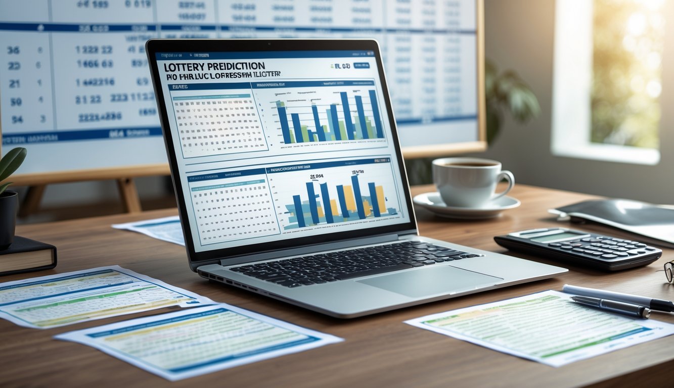 Meja kerja modern dengan laptop, kertas angka, kalkulator, dan papan tulis berisi angka dan diagram terkait prediksi togel 4D, 3D, dan 2D.
