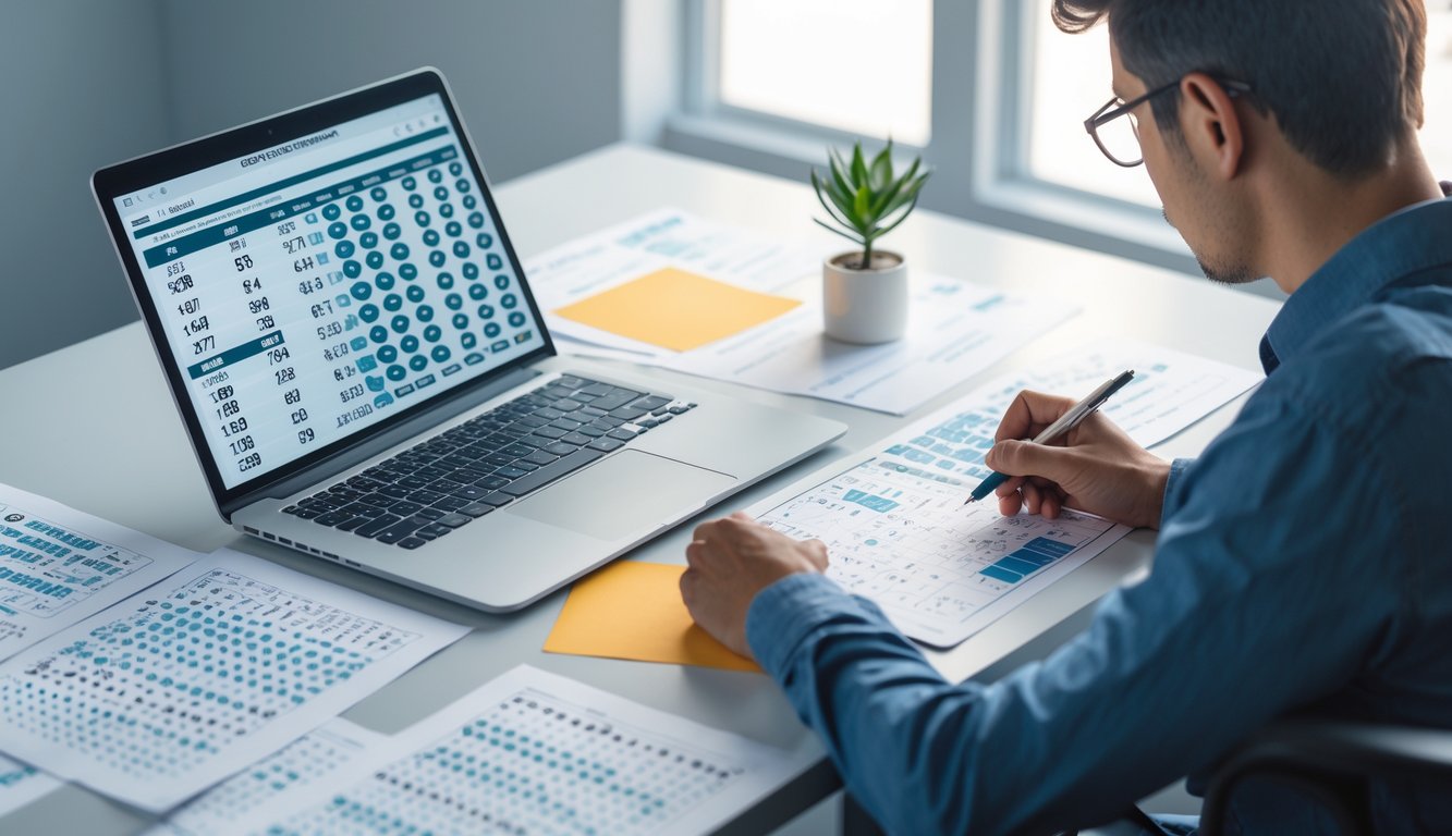 Seorang pria duduk di meja kerja dengan laptop dan kertas berisi angka-angka, sedang menganalisis data dengan serius.