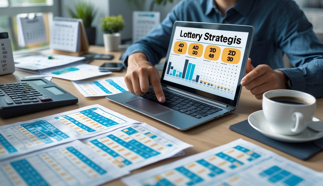 Seseorang sedang fokus menganalisis strategi angka togel di meja kerja dengan laptop dan kertas berisi angka dan grafik.