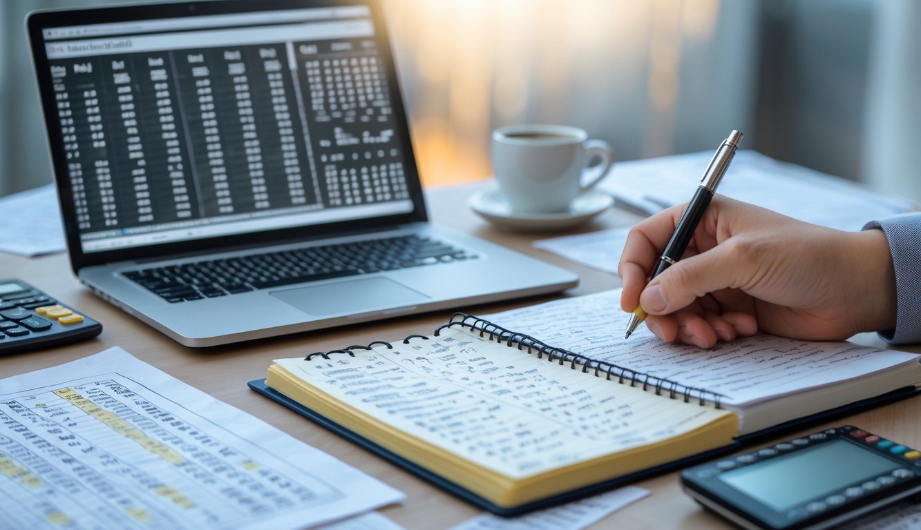 Meja kerja dengan laptop, buku catatan berisi perhitungan, kalkulator, dan secangkir kopi, menunjukkan aktivitas analisis data angka togel.