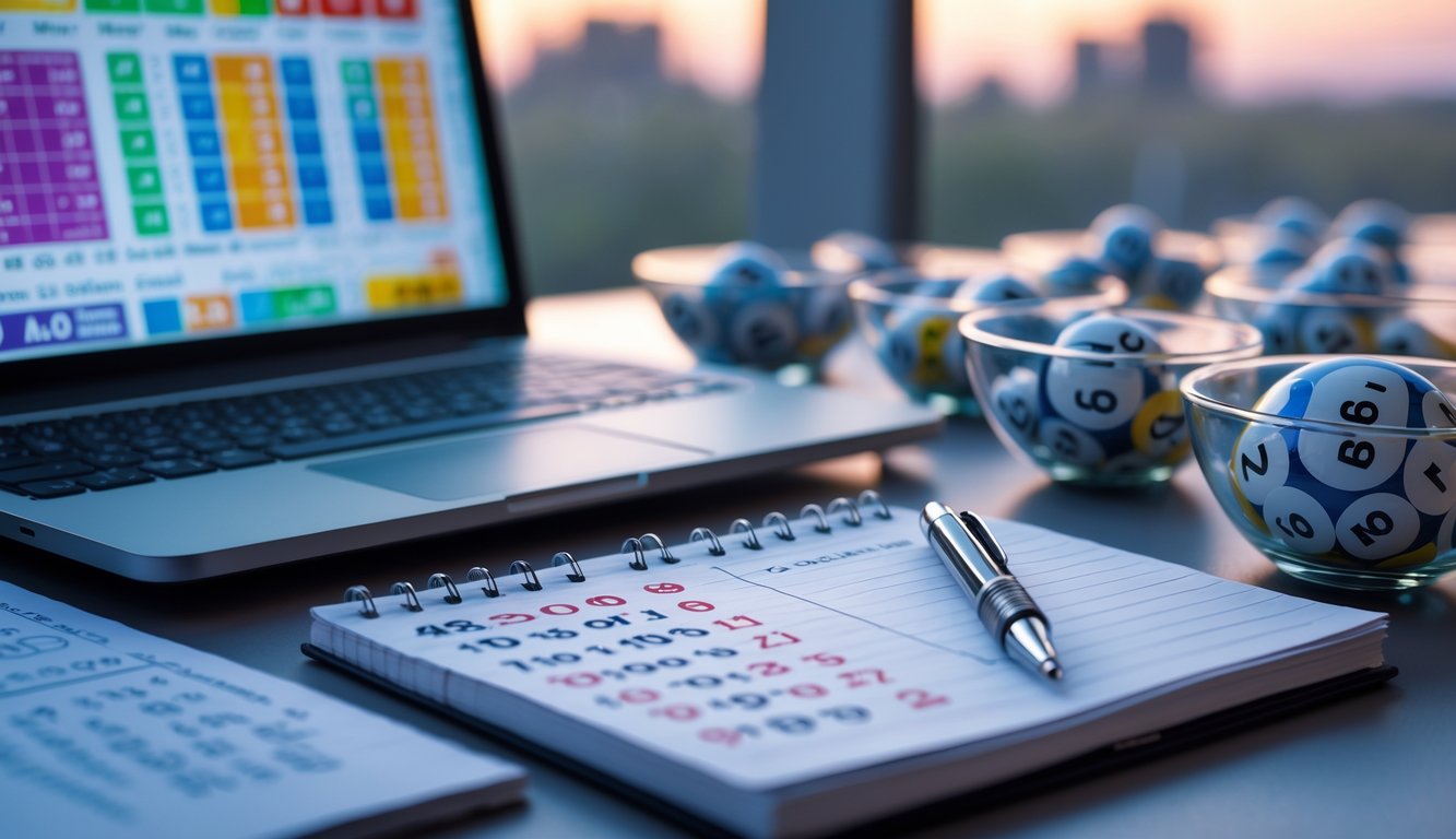Meja kerja dengan laptop, buku catatan, pena, dan mangkuk kaca berisi bola angka lotre yang tertata rapi.