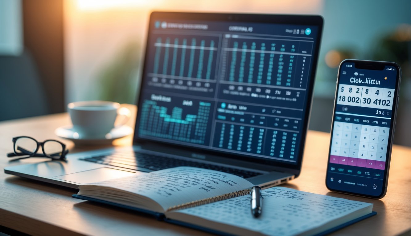 Meja kerja dengan laptop, buku catatan, dan ponsel yang menampilkan data angka untuk prediksi togel malam ini.