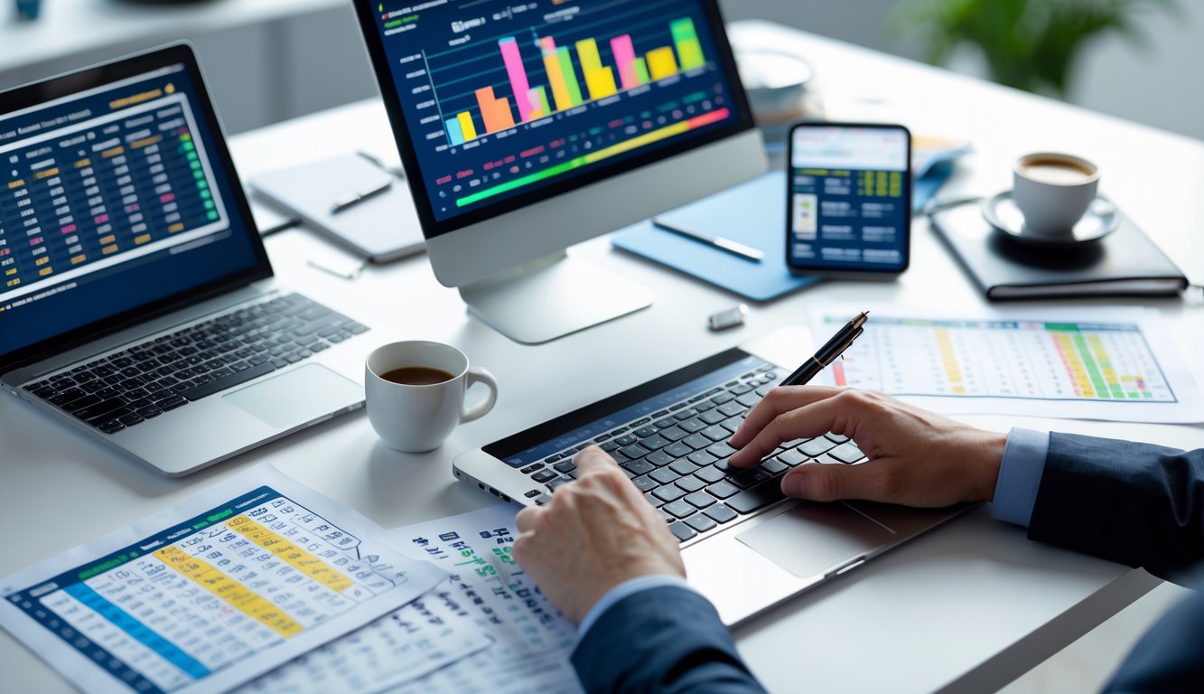 Meja kerja dengan perangkat digital dan kertas berisi data angka, seseorang sedang menganalisis angka togel.