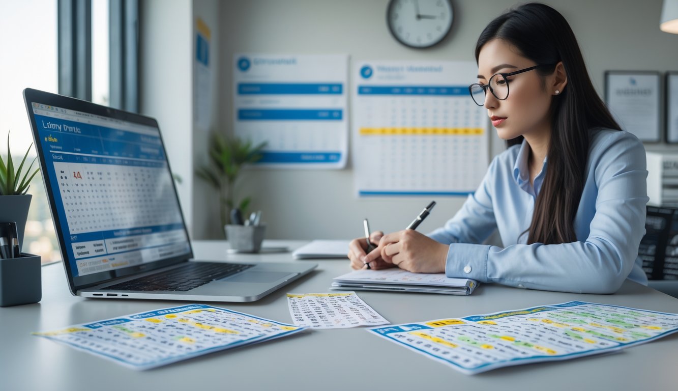 Seseorang sedang menganalisis data togel dengan laptop, kertas angka, dan tiket lotre di meja kerja yang rapi.