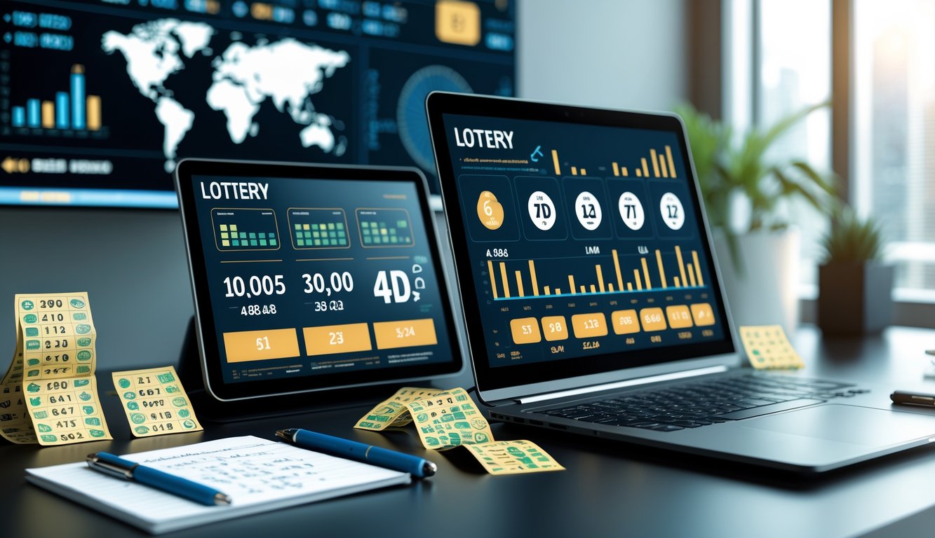 Meja kerja modern dengan perangkat digital dan tiket togel yang tersusun rapi, menampilkan suasana analisis angka togel.