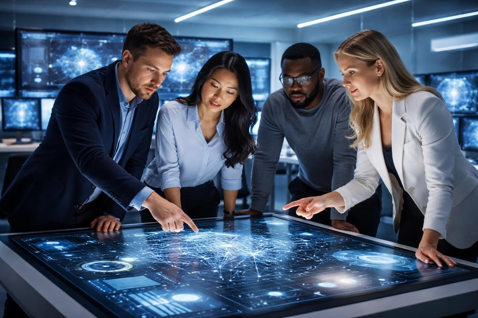 Eine Gruppe von Fachleuten arbeitet gemeinsam an einem digitalen Touchscreen mit komplexen Datenvisualisierungen in einem modernen B&uuml;ro.