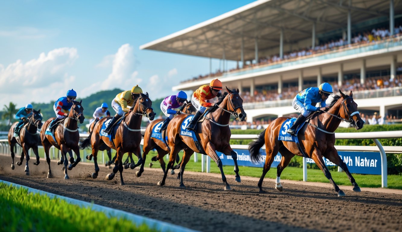 Beberapa kuda pacu dengan joki berwarna-warni sedang berlari di lintasan balap kuda dengan tribun penonton dan pemandangan hijau di latar belakang.