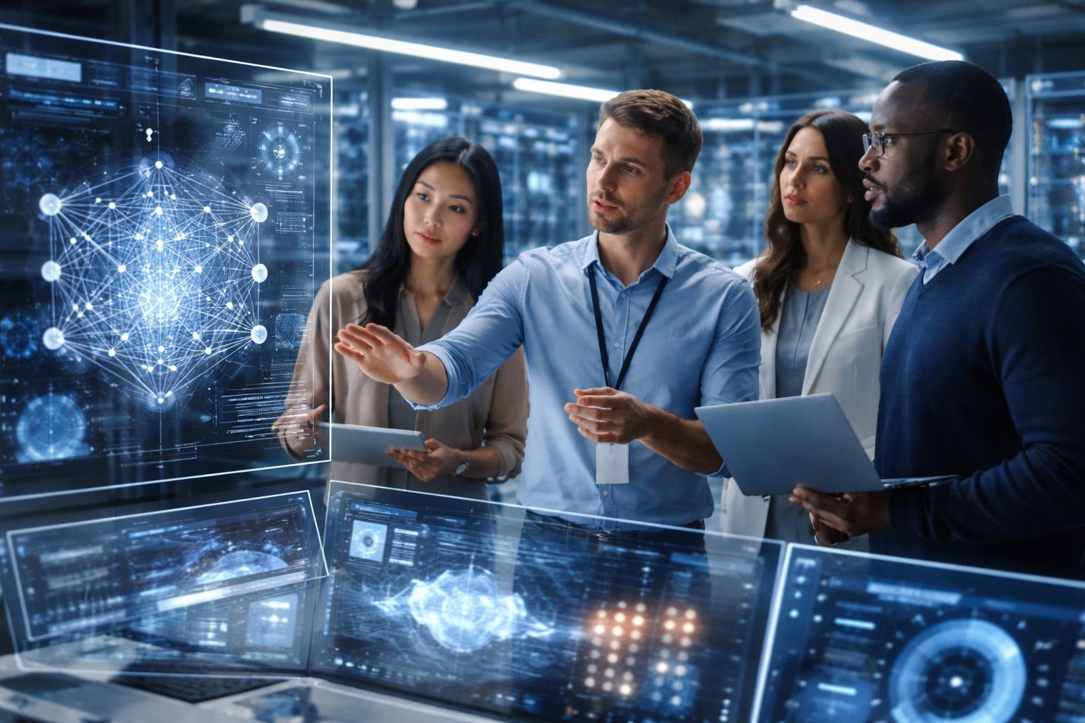 Menschen arbeiten gemeinsam in einem modernen B&uuml;ro mit digitalen Bildschirmen und Computern, die komplexe KI-Daten anzeigen.