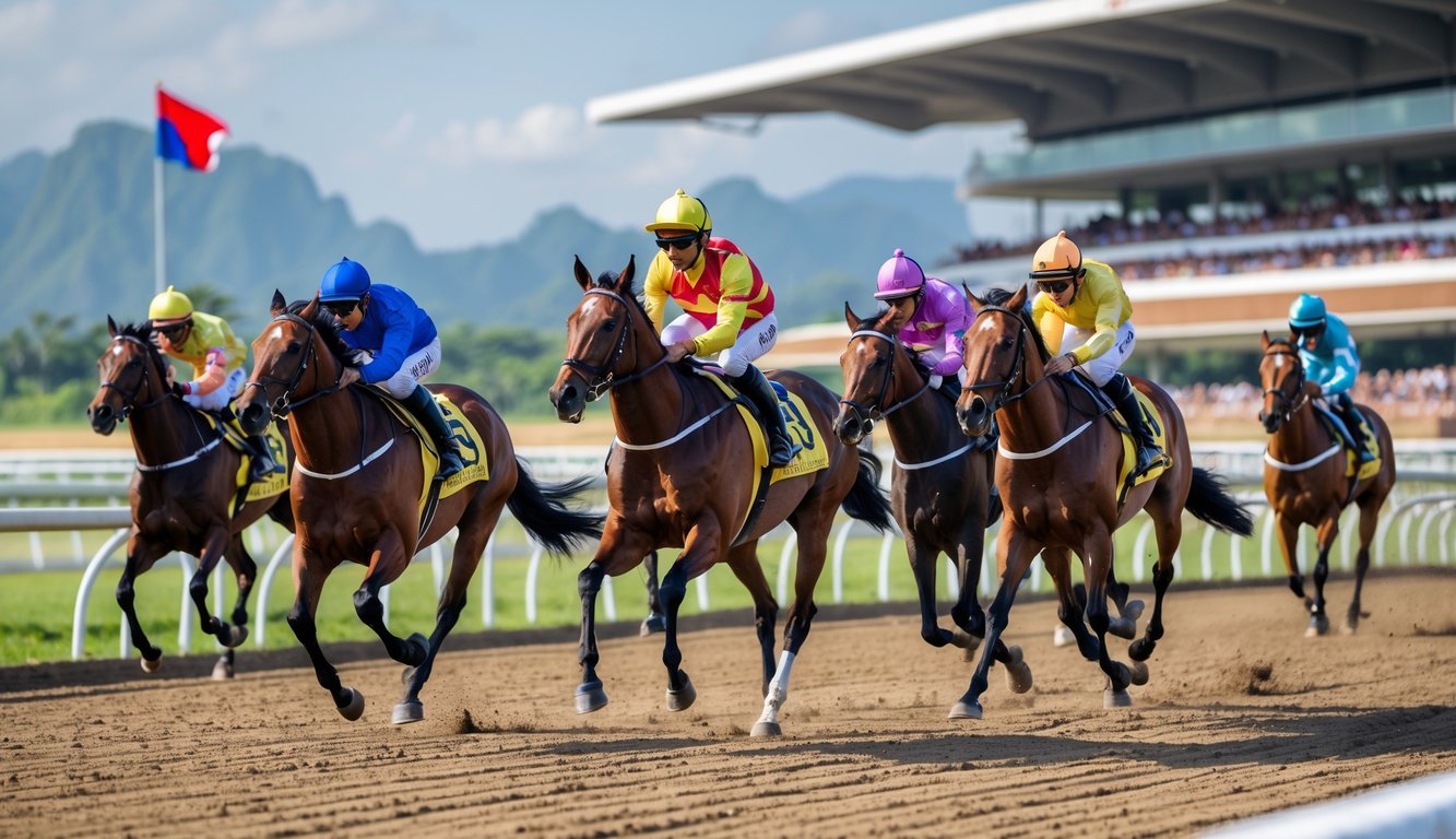 Adegan balap kuda dengan beberapa kuda dan joki berlomba di lintasan dengan tribun penonton di latar belakang.
