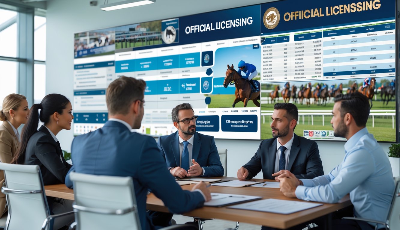 Sekelompok profesional sedang berdiskusi di ruang rapat modern dengan layar digital menampilkan data terkait agen balap kuda resmi dan terpercaya.