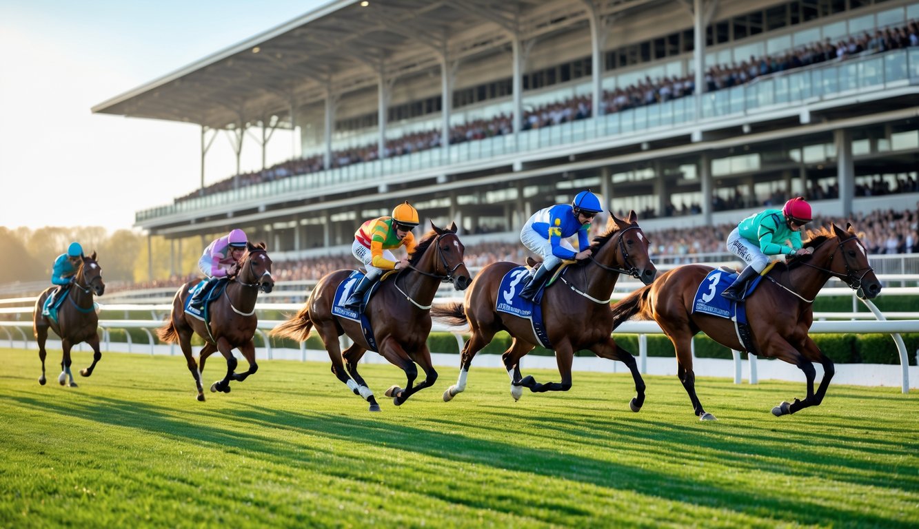 Balapan kuda dengan beberapa joki sedang berlomba di lintasan hijau dengan tribun penonton di latar belakang.