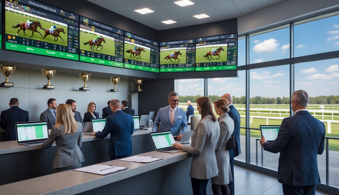 Orang-orang sedang memasang taruhan balap kuda di ruang taruhan modern dengan layar digital dan pemandangan lintasan balap di luar.