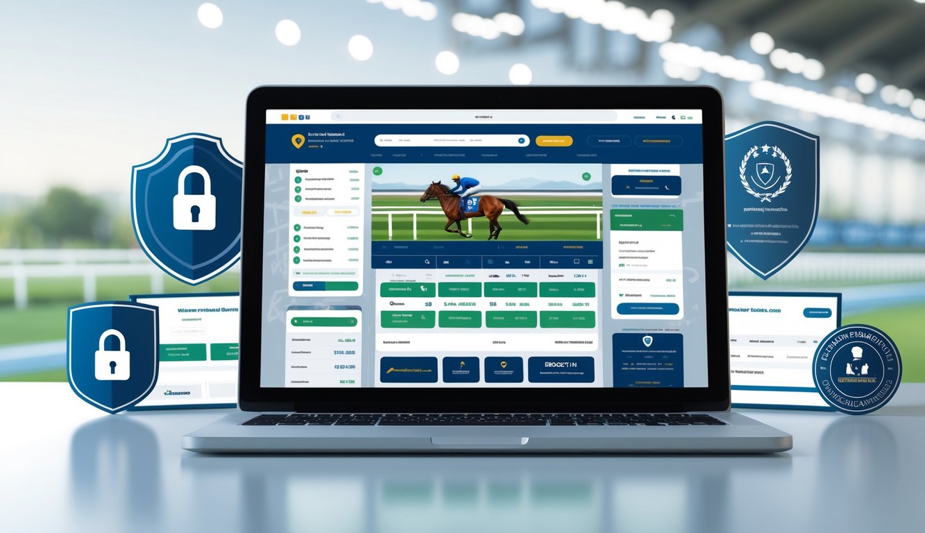Layar komputer menampilkan situs taruhan balap kuda resmi dengan ikon keamanan dan latar belakang bertema balap kuda.