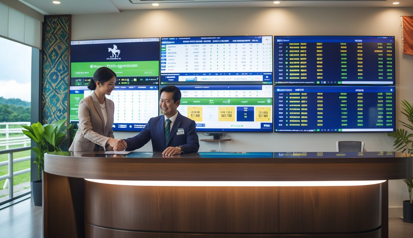 Seorang agen balap kuda resmi sedang membantu pelanggan di kantor modern dengan layar digital menampilkan data balap kuda.