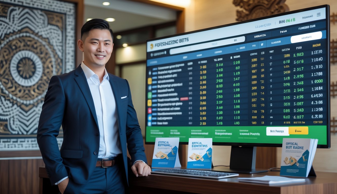 Seorang agen balap kuda resmi berdiri di kantor modern dengan layar digital menampilkan statistik balap kuda dan materi promosi di meja.