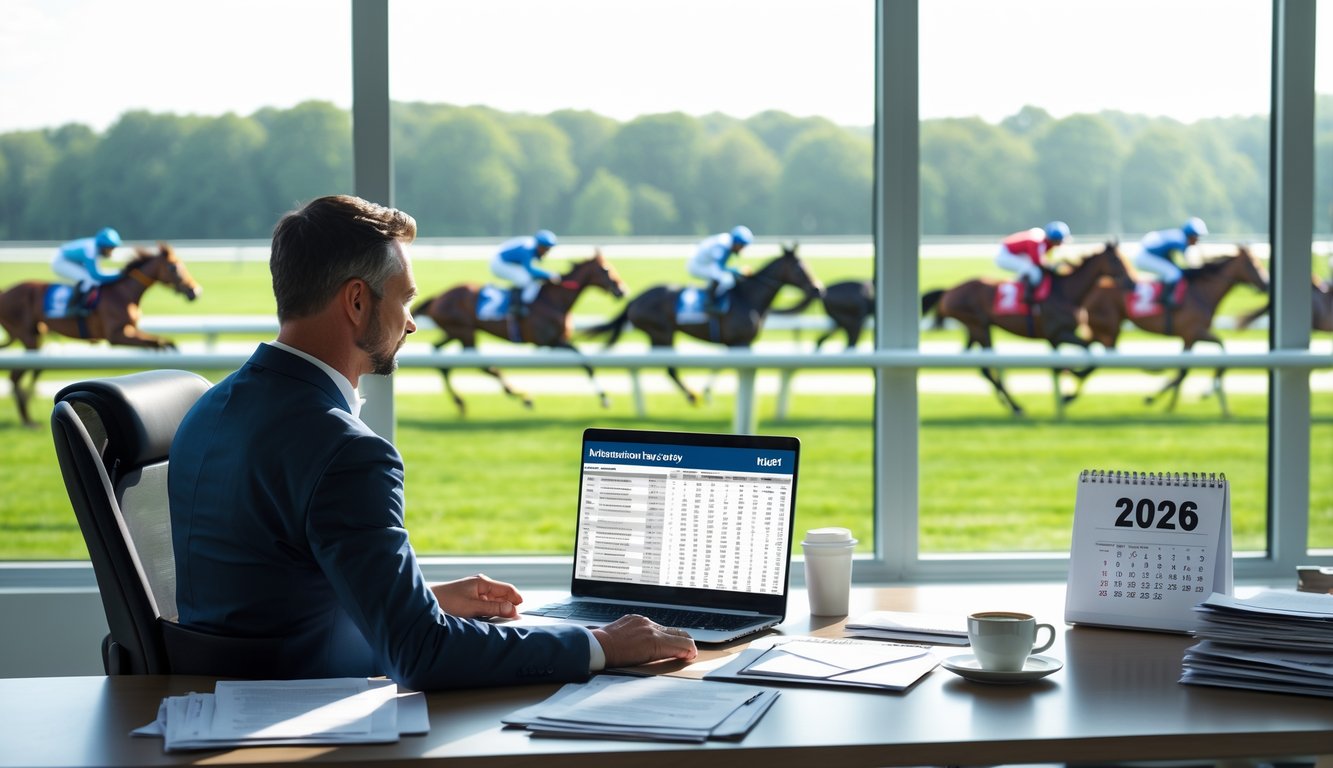 Seorang agen balap kuda sedang bekerja di meja dengan laptop dan dokumen, latar belakang menunjukkan arena pacuan kuda dengan kuda yang sedang berlomba.