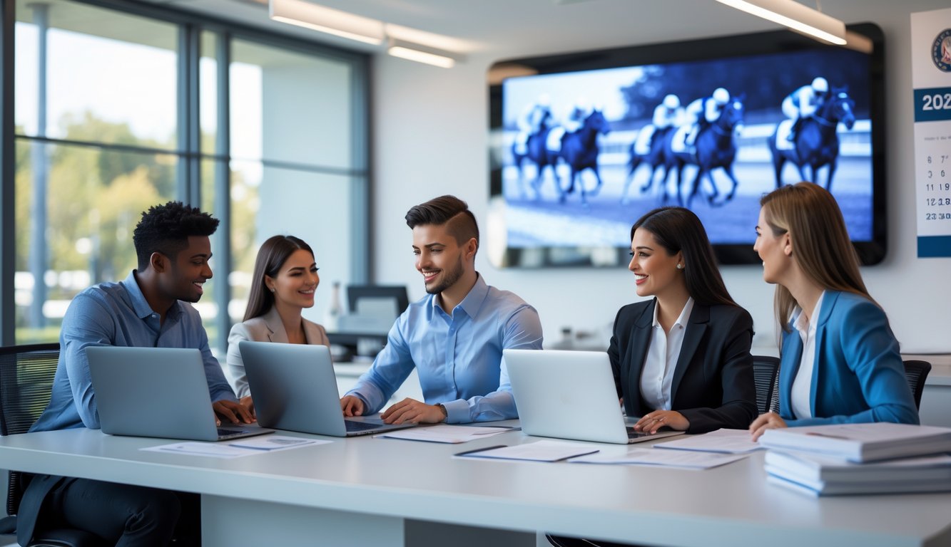 Orang-orang sedang mendaftar sebagai agen balap kuda resmi di kantor modern dengan suasana profesional.