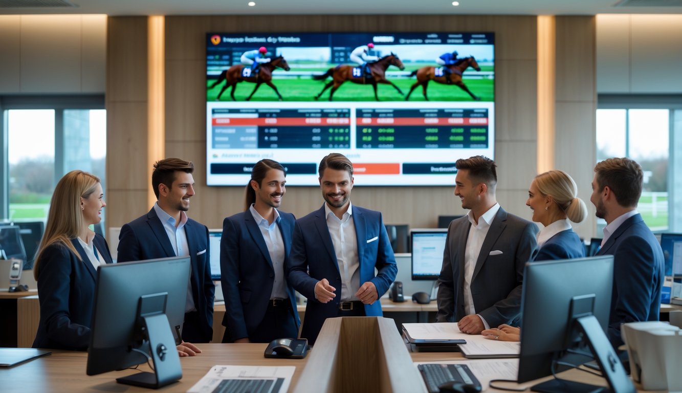 Suasana kantor agen balap kuda resmi dengan staf profesional melayani pelanggan di depan layar besar yang menampilkan statistik balap kuda.