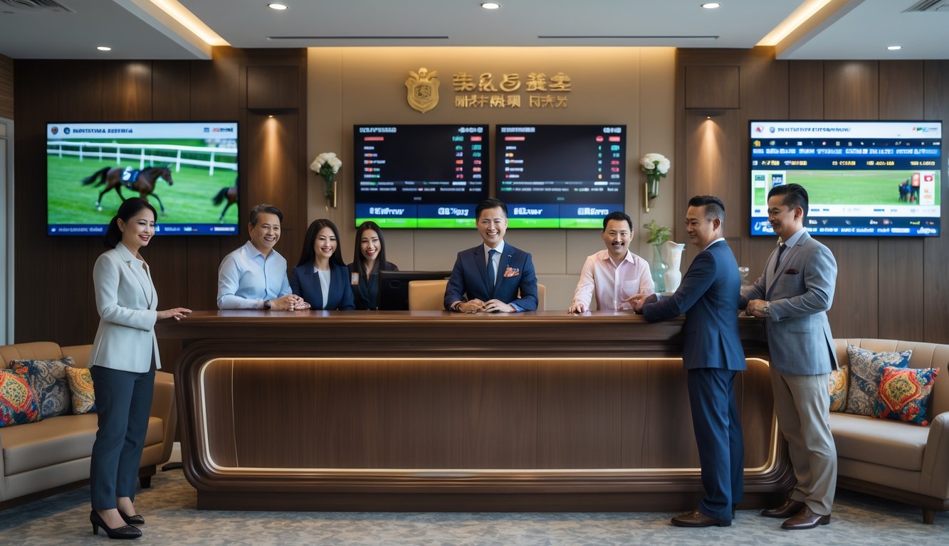 Suasana kantor agen balap kuda resmi di Indonesia dengan agen melayani beberapa klien di ruang resepsionis yang rapi dan modern.