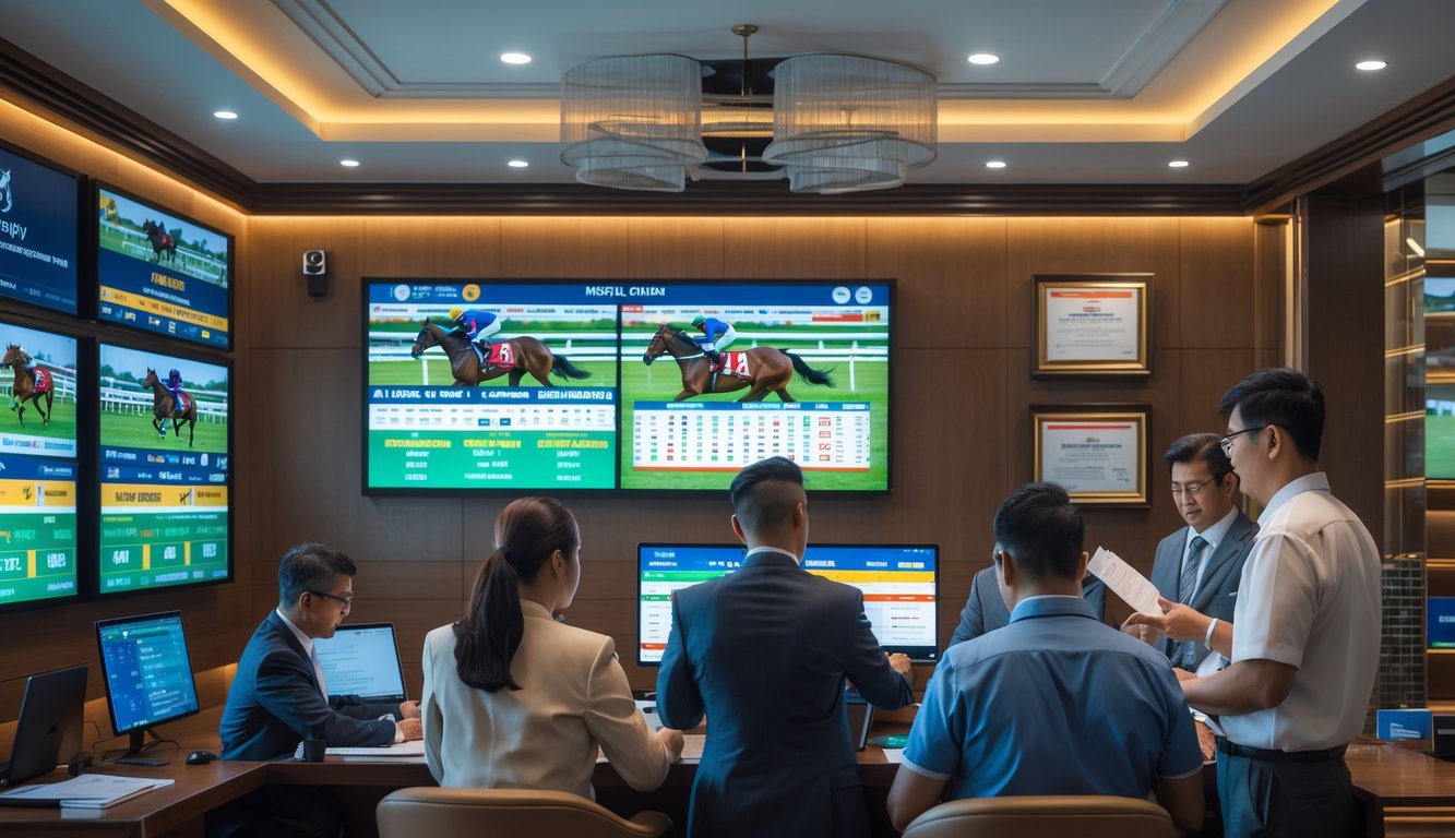 Sebuah kantor agen balap kuda resmi dengan orang-orang yang sedang berdiskusi dan memasang taruhan di depan layar digital.