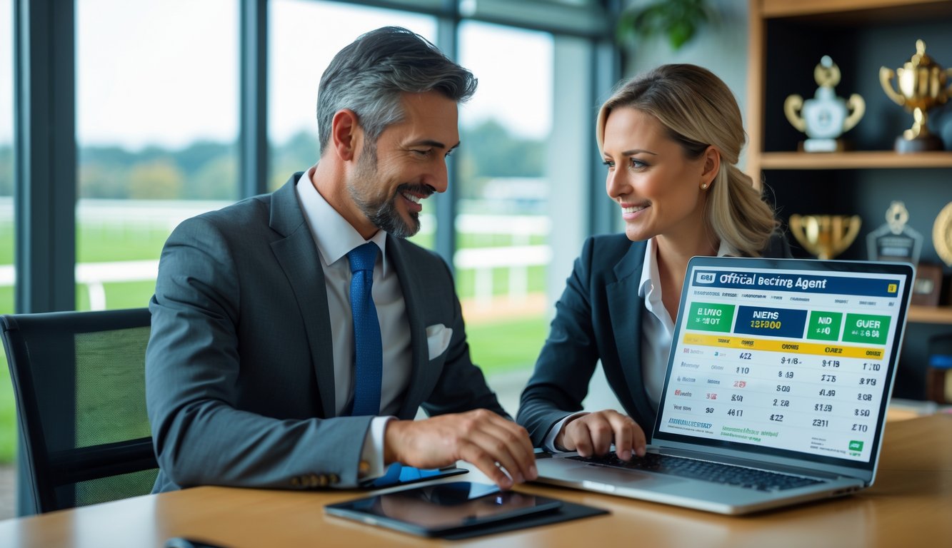 Seorang pria dan wanita di kantor modern sedang berdiskusi di depan laptop dengan latar belakang trek balap kuda dan piala.