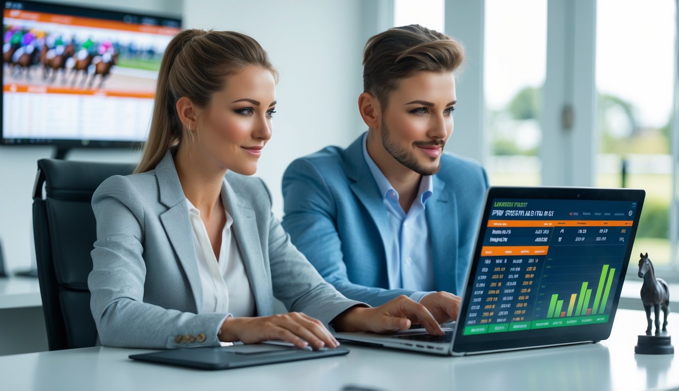 Dua orang muda sedang berdiskusi di depan laptop tentang taruhan balap kuda di sebuah kantor yang terang dan rapi.