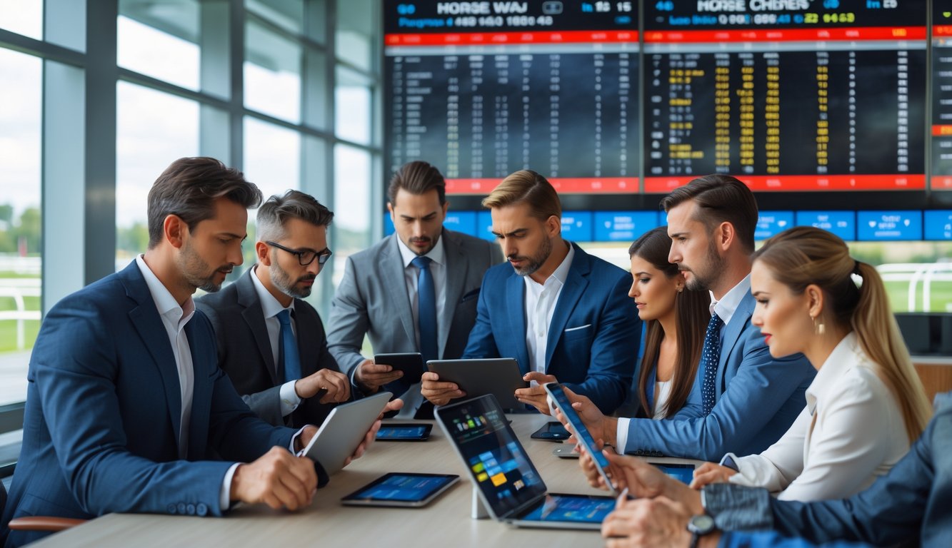 Beberapa orang sedang melihat layar digital yang menampilkan data balap kuda di sebuah ruangan modern.