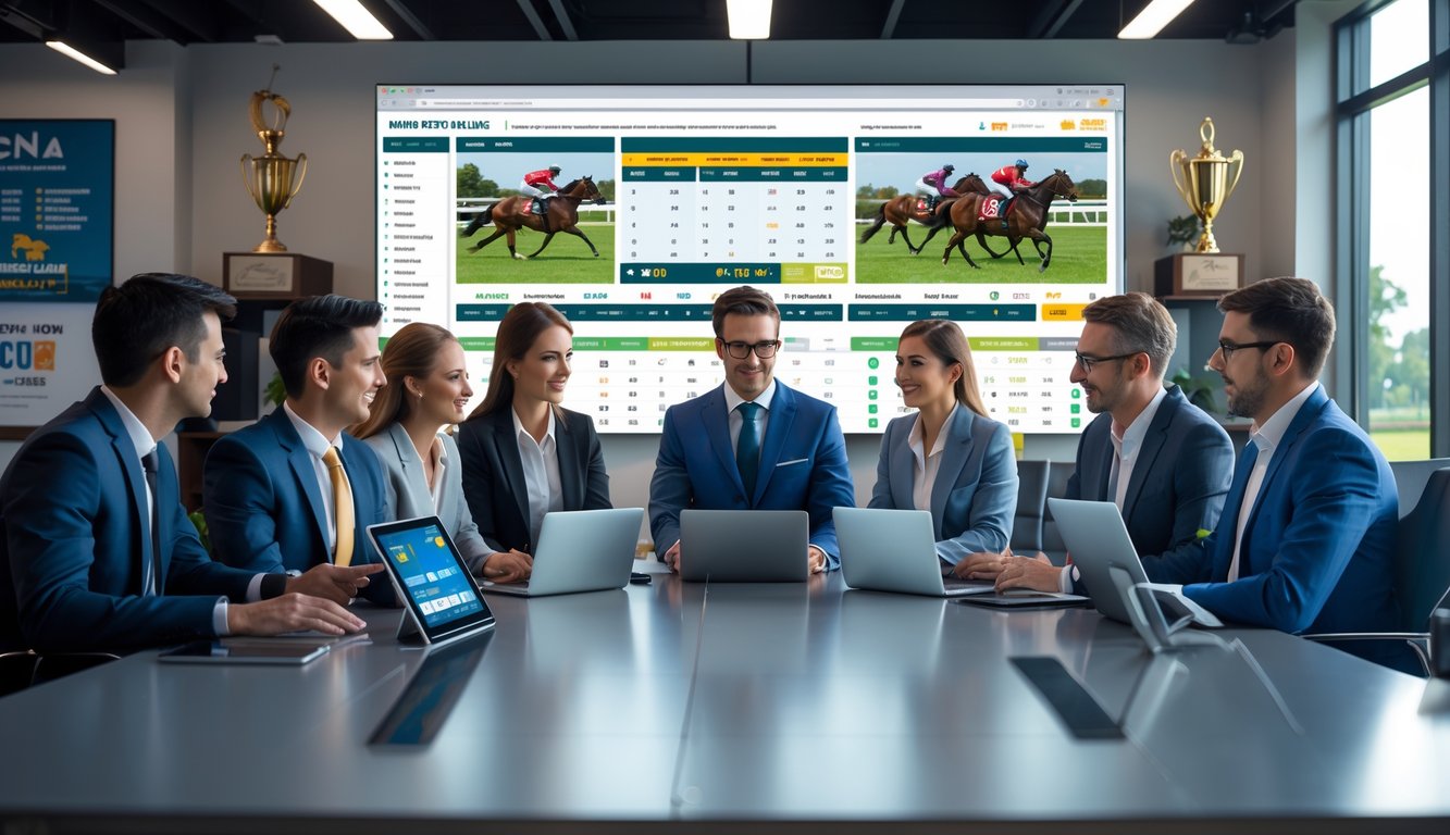 Sekelompok profesional bisnis sedang berdiskusi di ruang kantor dengan layar digital yang menampilkan data dan statistik balap kuda.