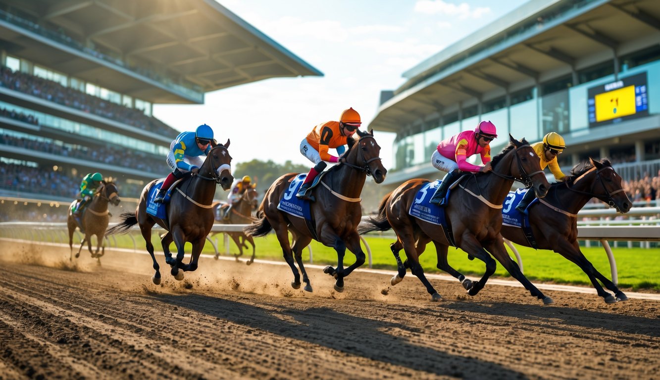 Lomba pacuan kuda dengan beberapa joki sedang berlomba di lintasan dengan penonton di latar belakang.