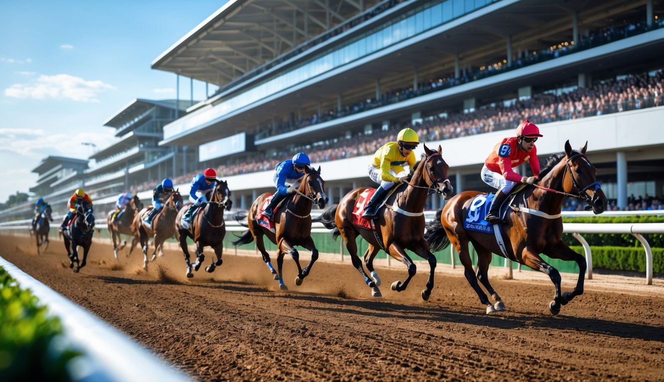 Beberapa kuda pacu dengan joki berwarna-warni sedang berlomba di lintasan pacuan kuda dengan tribun penonton penuh di latar belakang.